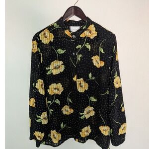 Alfred Dunner Sz 18 Black Floral Semi Sheer Blouse Top Romantic Euro Summer